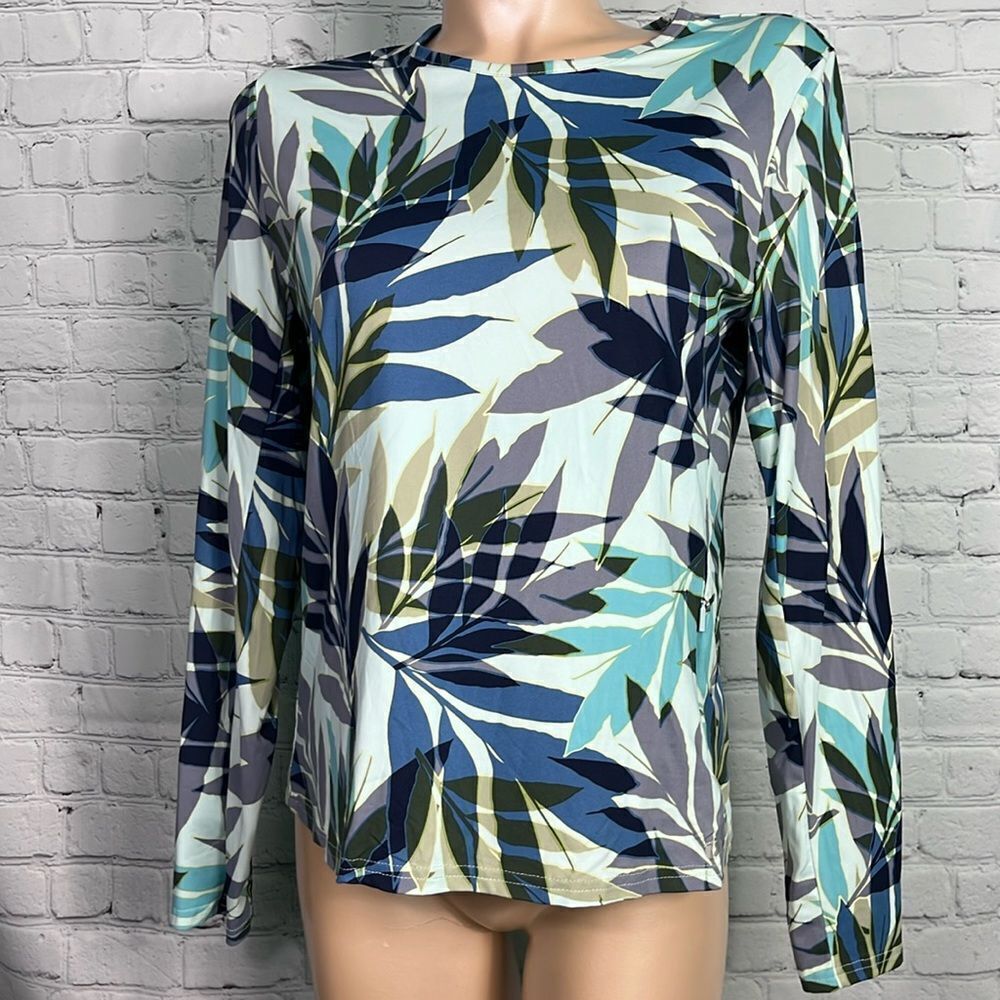 Hang Ten UPF 50+ Tropical Leaf Print Long Sleeve Athletic Top Blue Green White